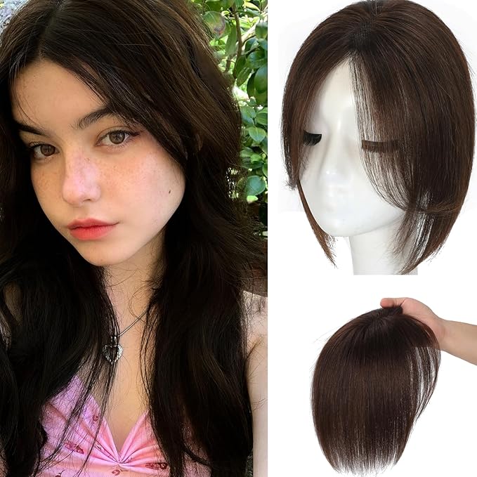 Hair Toppers for Women Real Human Hair, 360°3D Topper for Women with Thinning Crown Wispy Clip in Bangs Breathable Hand Tied Craft Big Coverage Hairpieces(Mocha（Big Coverage）, 12 Inch-3D-Side)