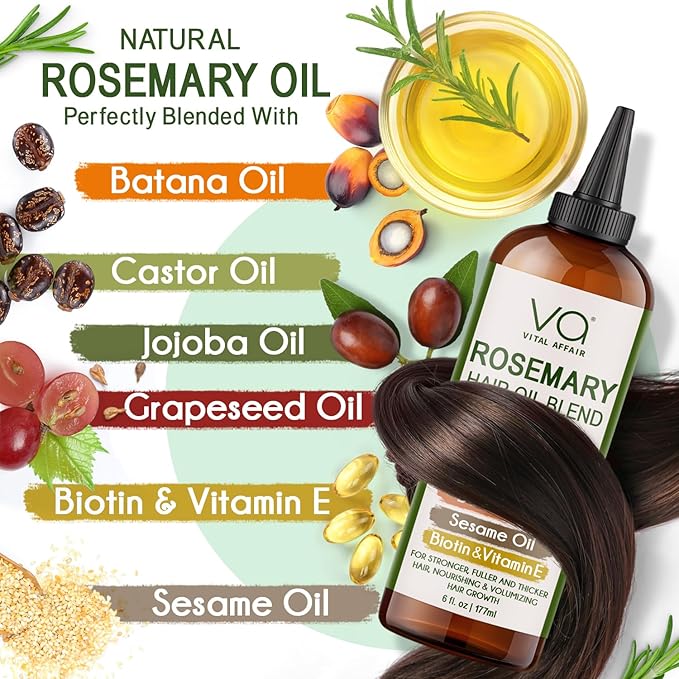 VITAL AFFAIR Blend Of Pure Rosemary Oil For Hair Growth With Castor, Batana, Jojoba Oil-Infused With Biotin & Vitamin E-Blend of Effective Hair Oils for Hair Growth-Strengthening Treatment 6 Fl Oz