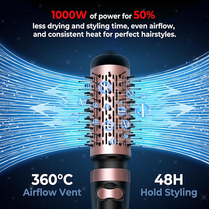 Hair Dryer Brush, 3-in-1 Rotating Round Hot Air Spin Brush Set with 2 Brushes (2" & 1.5"), Negative Ionic Blow Volumizer, 2 Detachable Auto-Rotating Curling Brush, Blow Dryer Brush,Dry as You Style