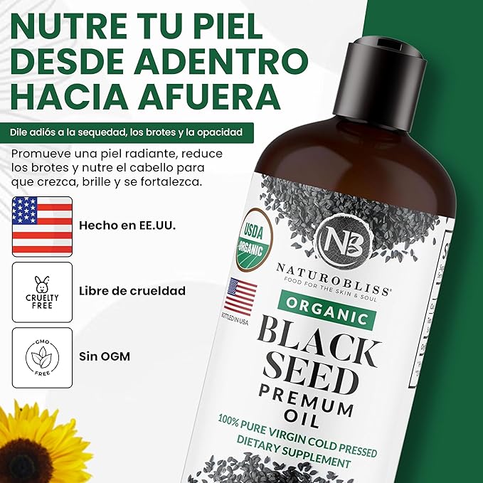 NaturoBliss Organic Black Seed Oil 100 Virgin Cold Pressed Omega 3 6 9 Super Antioxidant for Immune Support, Joints, Mobility, Digestion, Hair Skin Vegan, Gluten-Free, Non-GMO USDA Certified 8oz