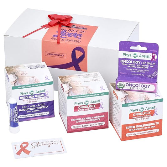 PhysAssist Bundle Oncology Kit For Women and Men - Comfort Kit For Chemo Patients. The Essentials for Face, Body & Feet. Includes Oncology Botanicals, Recovery and Foot Support. (3 - 4 oz) plus lip balm and aromaterahy nausea
