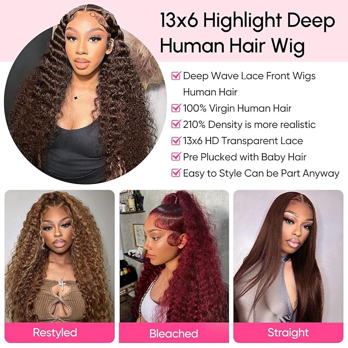 Chocolate Brown Lace Front Wig 13x6 Deep Wave Lace Front Wigs Human Hair Pre Plucked Brown Wig Human Hair 210 Density Frontal Wigs Human Hair Glueless Wig For Women