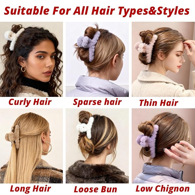 VinBee 4 PCS Faux Fur Hair Clips Large Plush Hair Catch Barrette Jaw Clamp for Women Girls Half Bun Hairpins for Thick Hair Cute Claw Clips Hair Accessories (4.5 Inch)