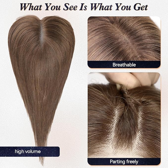 starluck Hair Toppers for Women Real Human Hair With Bangs, 100% Remy HumanHair Toppers for Women Hand-woven with Thinning,Cover Gray Roots,Adds Volume, Brown