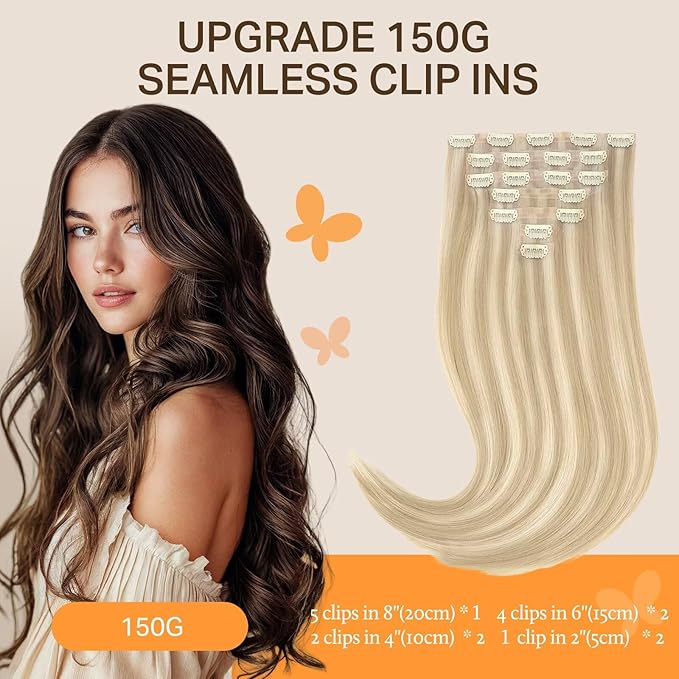 DOORES Clip in Hair Extensions Seamless, Dark Blonde Highlighted Bleach Blonde 14 Inch 130g 9pcs, Virgin Hair Extensions Clip in Straight Silky Weft