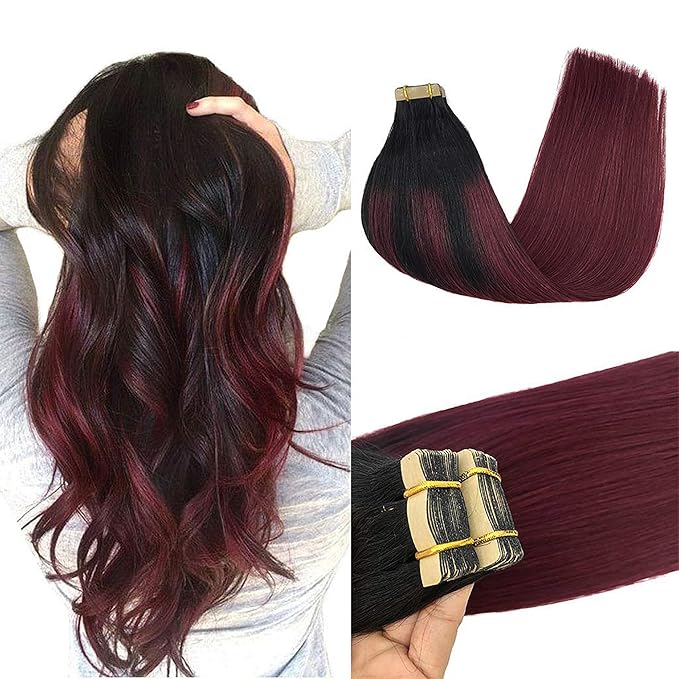 GOO GOO Tape in Hair Extensions Human Hair, 1/99 Balayage Jet Black to Red, 22inch 50g 20pcs, Thick Ends Straight Seamless Tape in, Invisible Tape in Hair Extensions Human Hair