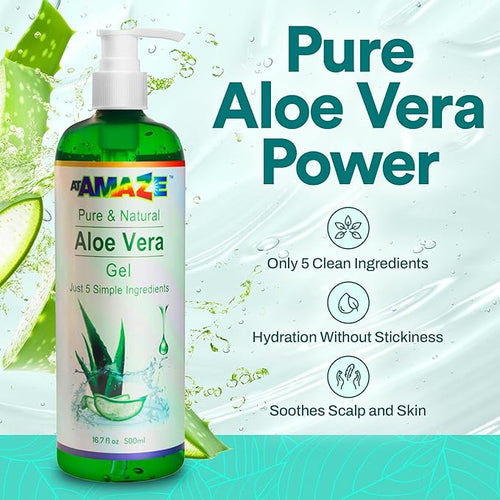 500 ml Pure Aloe Vera Gel for Hair and Skin, Hydrating & Non-Sticky, Soothes Scalp and Skin, No Strong Scent, Lightweight & Fast-Absorbing Pure Aloe Vera Gel for Body, glass bottle.