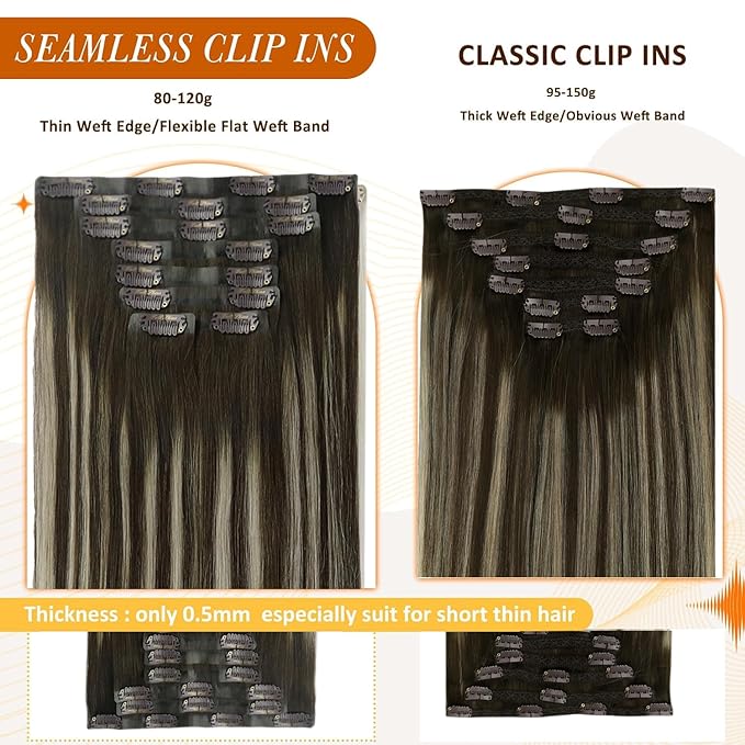 Full Shine Clip in Extensions for Women Dark Brown Balayage Seamless Hair Extensions Clip in Dark Brown Ombre Platinum Blonde Invisible Hair Extension 16 Inch 8 PCS 120G