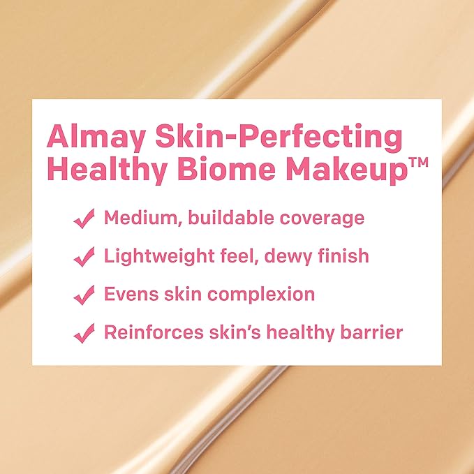 Almay Skin Perfecting Healthy Biome Foundation Makeup with Prebiotic Complex SPF 25, Hypoallergenic, -Fragrance Free, 140 Golden, 1 fl. oz.
