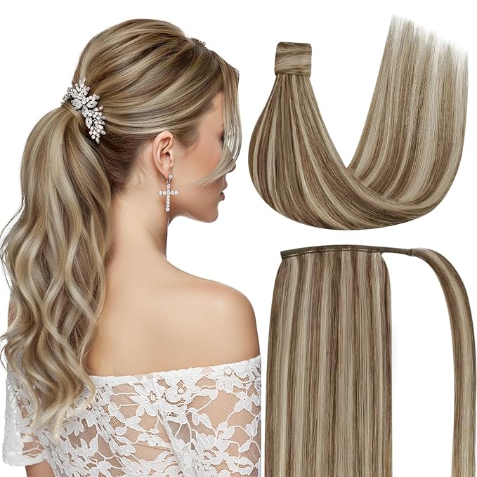 Ve Sunny Hair Extensions Ponytail Real Human Hair Wrap Around Clip in Ponytail Hair Extensions Straight Extensions Human Hair for Women Light Brown Highlights Platinum Blonde 20inch 80G