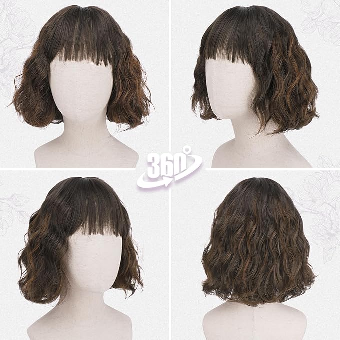 BARSDAR Short Wavy Brown Highlight Wig with Bangs - Short Brown Highlights Wigs for Women - Curly Wavy Textured French Bob Wig with Bangs Soft Synthetic Natural Looking Face-Framing Daily Party