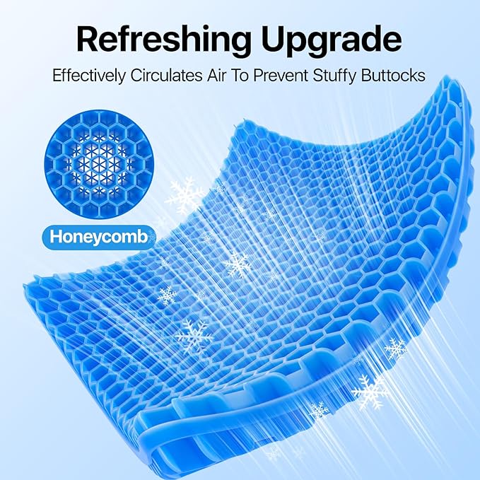 Gel Seat Cushion, Cooling seat Cushion (Super Large & Thick), Breathable Honeycomb Design Absorbs Pressure Points Seat Cushion, Gel Cushion for Office Chair, Home Car seat Cushion for Wheelchair