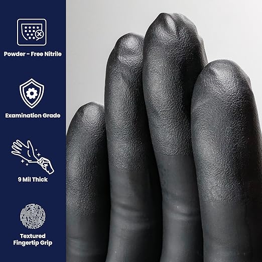 Adenna Dark Light Bulk Disposable Nitrile Gloves – 9 Mil, Heavy Duty Work Rubber Glove with Textured Grip, Non-Latex & Powder Free, Case of 900, 2X-Large, Black