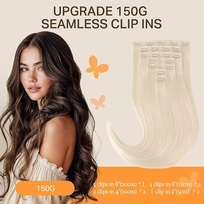 DOORES Clip in Hair Extensions, Platinum Blonde 150g 7pcs 22 Inch, Silky Straight Invisible Edge Human Hair Extensions for Women