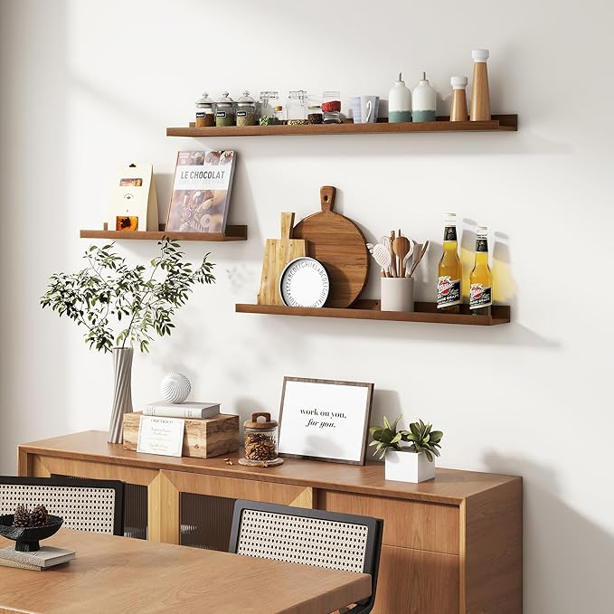 Picture Ledge Wall Shelves 48 Inches Width Set of 3, Solid Pine Wood Rustic Floating Ledge for Kids' Room Bedroom Kitchen Bathroom, Long Floating Shelves for Wall Decor, Walnut