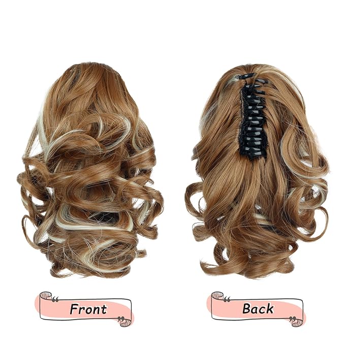 Ponytail Extension, Clip on Ponytails for Women, 9" Claw Clip in Short Curly Wavy Pony Hair Extension for Women - Medium Blonde with Blonde Highlights