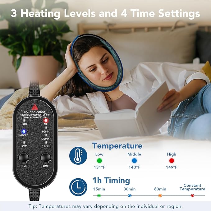 Heating Pad for TMJ Relief, USB Electric Washable Jaw Heating Pad with 3 Heat and 4 Time Settings for Jaw Chin Wisdom Teeth Issues, Oral and Facial Surgery (Blue)
