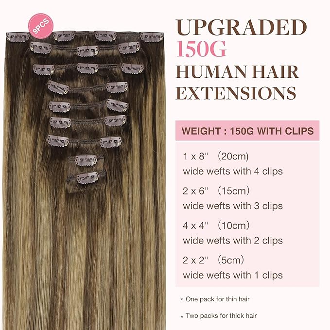 GOO GOO Clip in Hair Extensions Real Human Hair, Remy Human Hair Extensions Clip ins for Women, Natural Human Hair, 14inch 150g 9Pcs, 4/27/4 Balayage Chocolate Brown to Caramel Blonde