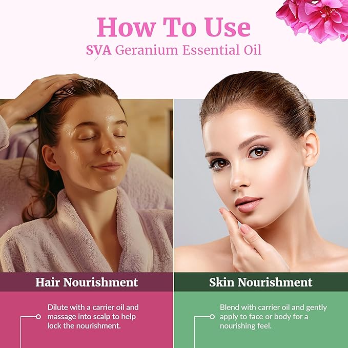 SVA Geranium Essential Oil Organic – 1 Fl Oz – 100% Natural Organic Geranium Oil - for Diffuser, Hair Care, Face, Skin Care, Aromatherapy, Scalp and Body Massage, Soap and Candle making – with Dropper