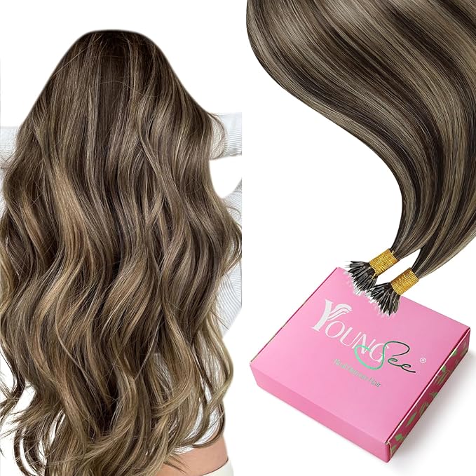 YoungSee Invisible Nano Rings Hair Extensions Dark Brown with Caramel Blonde Pre Bonded Nano Human Hair Extensions Highlight Brown Human Hair Nano Extension Silky Straight 16inch 50grams 50strands