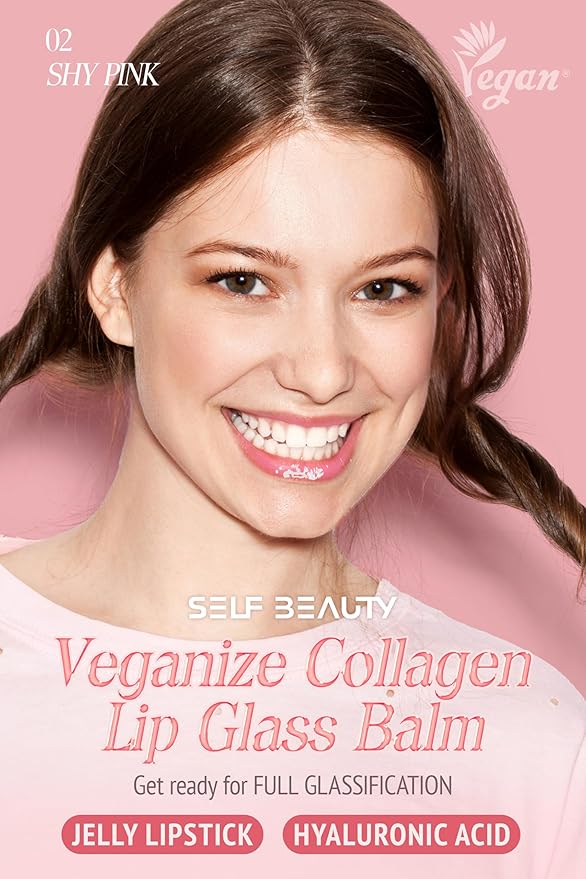 Veganize Collagen Lip Glass Balm | Hydrating Lip Balm in 9 Vibrant Colors | Moisturizing Lip Care Infused with Collagen Jelly Magic | No Animal Trial Lip Balm 0.06 oz (No. 2 Shy Pink)