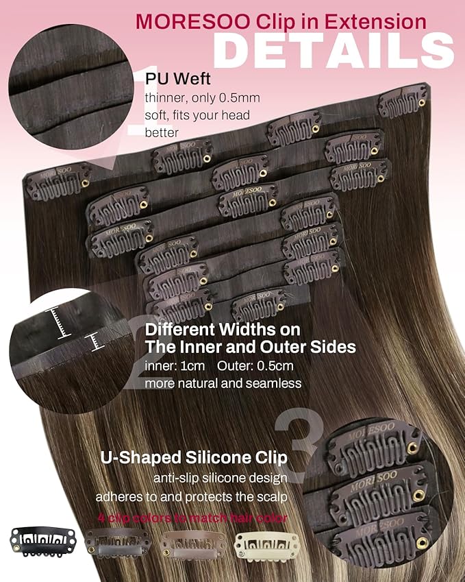 Moresoo Seamless Clip in Hair Extensions Real Human Hair Dark Brown to Caramel Blonde Ombre Human Hair Clip in Extensions Brown to Blonde Balayage Invisible 120g/7pcs 16 inch