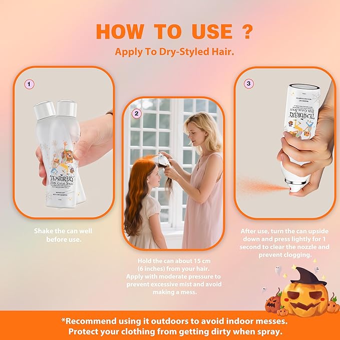 Orange Temporary Hair Color Spray for Kids, Silver Instant Colored Hair Dye Alternative for Boys Girls Teens Men Women, Quick Styling for Party Christmas Halloween, Disposable Washable, 150ml