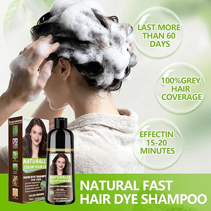 Light Brown Hair Dye Shampoo for Women & Men, 15 Min Gray Coverage, 3 in 1 Semi-Permanent Color with Natural Herbal Ingredients, Lasts 60 Days