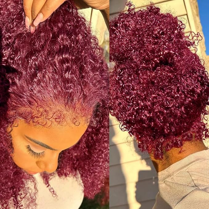 250 Density Burgundy Wig Human Hair Hidden Strap 360 Lace Front Wigs Human Hair Deep Wave Invisible Strap Pre Plucked Bleached Knots Glueless Drawstring Curly Human Hair Wig for Women (22inch)