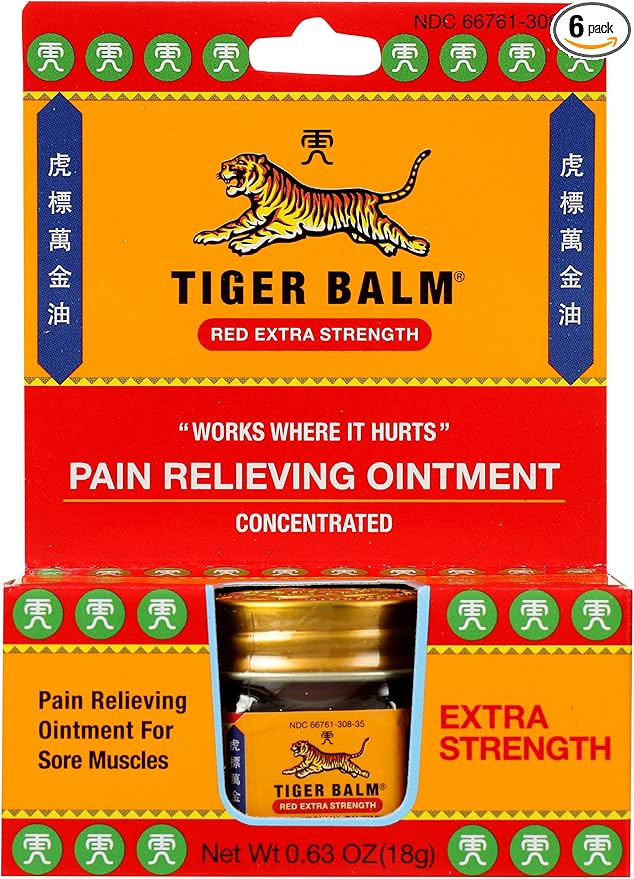 Tiger Balm Red Extra Strength Rub Balm, Alcohol Free, Cruelty Free, 0.63 Ounce (Pack of 6)