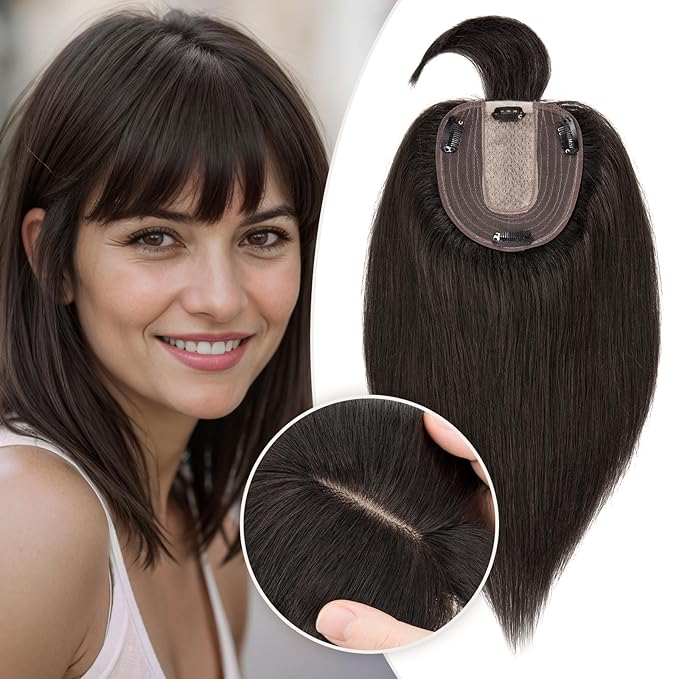 Rich Choices Real Human Hair Toppers for Women With Bang 100% Remy Human Hair Topper for Thinning Hair Clip in Silk Base Hair Topper 14 Inch #1B Natural Black