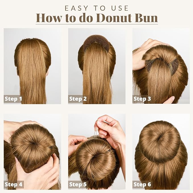 FANDAMEI Hair Bun Maker Set- 8 PCS Hair Donuts for Buns (2 Extra-large,2 Large,2 Medium and 2 Small), 40 PCS Bobby Pins, 5 PCS Hair Elastic Ties Black,Bun Maker - Light Brown