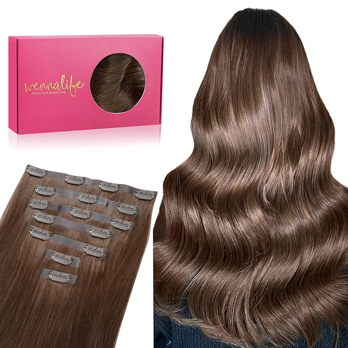 WENNALIFE Seamless Clip In Hair Extensions Human Hair, 12 Inch 80g 7pcs Chocolate Brown Real Hair Extensions Clip in Human Hair Invisible PU Skin Weft Natural Remy Hair