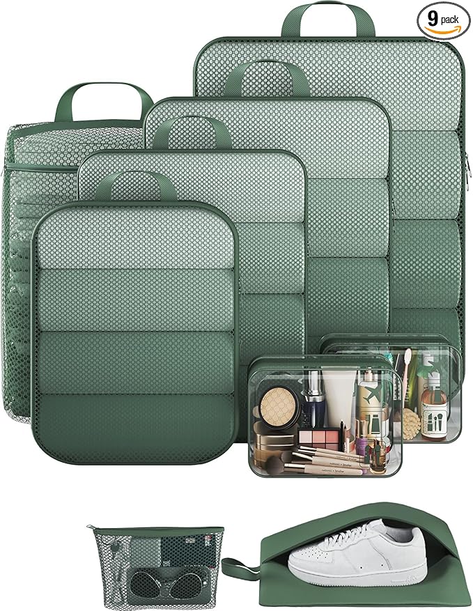 Veken 9/11 Set Compression Packing Cubes for Travel Essentials,Compressible Expandable Large Luggage Suitcase Organizer Bags for Clothing,Durable Space Saver Storage Bags(Dark Green)