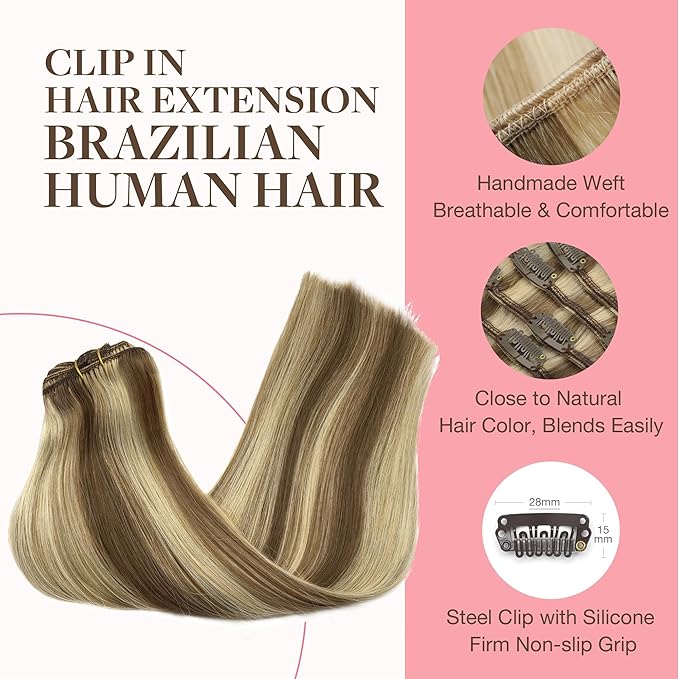 GOO GOO Clip in Hair Extensions Real Human Hair, Remy Human Hair Extensions Clip ins for Women, Natural Human Hair, 20 Inch 160g 7Pcs, 8A/22 Medium Brown Highlighted Golden Blonde