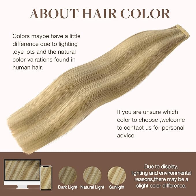 GOO GOO Tape in Hair Extensions Human Hair, 16/22 Light Blonde Highlighted Golden Blonde, 20inch 50g 20pcs, Thick Ends Straight Seamless, Invisible