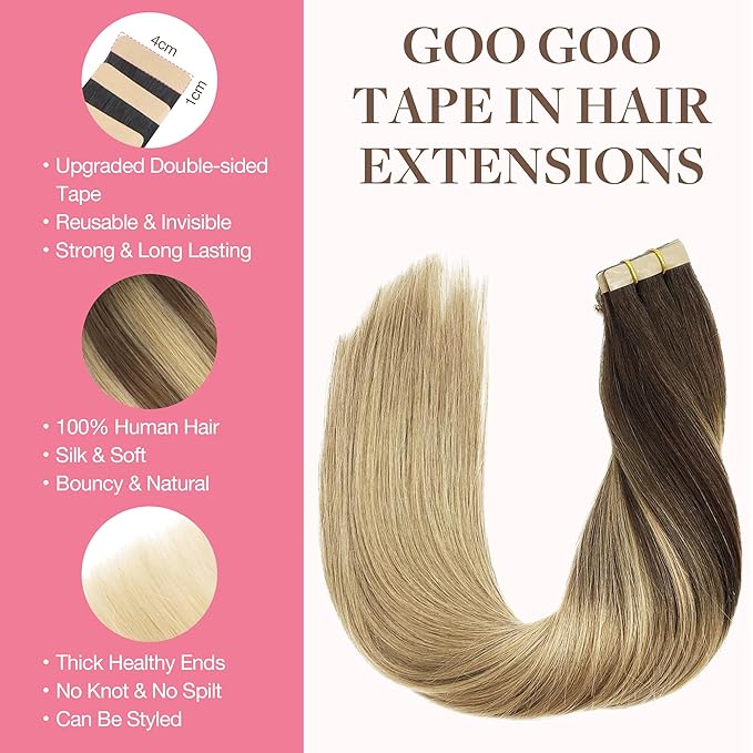 GOO GOO Tape in Hair Extensions Human Hair, 4/18 Balayage Chocolate Brown Highlighted Dirty Blonde, 24inch 30g 10pcs, Skin Weft Seamless Invisible, Silky Straight with Thick Ends, Remy Human Hair