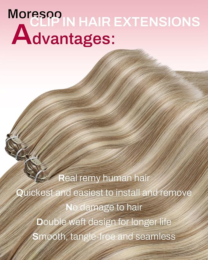 Moresoo Clip in Hair Extensions Brown Blonde Clip on Extensions Human Hair Medium Golden Brown with Platinum Blonde to Add Highlights for Women Long And Straight 120g/7pcs Double Weft 22in
