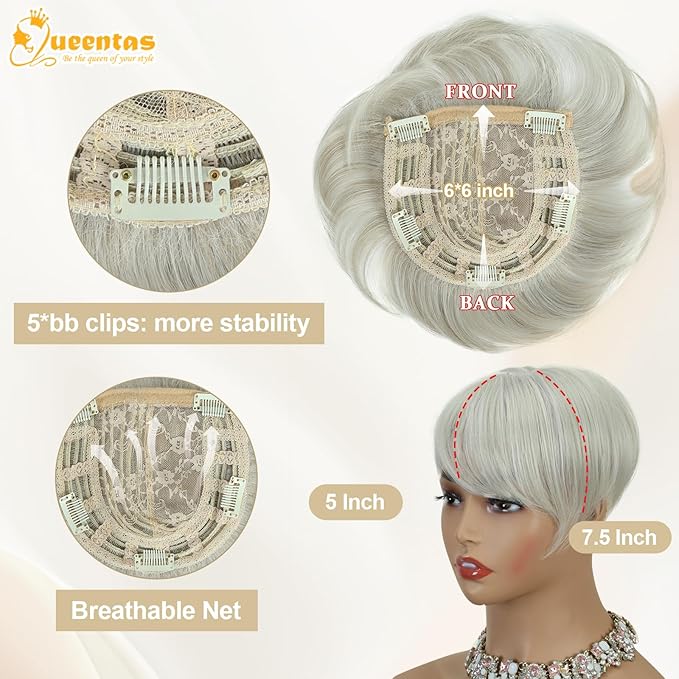 QUEENTAS Grey Hair Toppers for Women with Thinning Hair 360°3D Cover with 5 Clips Short Hair Pieces Wispy Bangs 6"*6" Large Coverage(Gray)