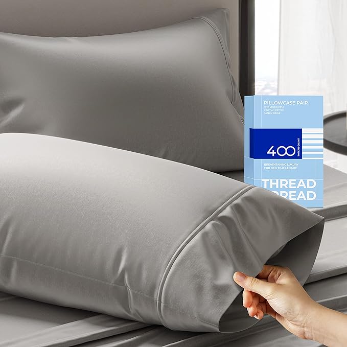 THREAD SPREAD 100% Cotton Pillowcases Standard/Queen Size Set of 2-400 Thread Count Cotton Pillowcases, Ultra Soft Cool Sateen Weave Pillow Cases for Sleeping, Set of 2 Pillow Covers (Dark Grey)