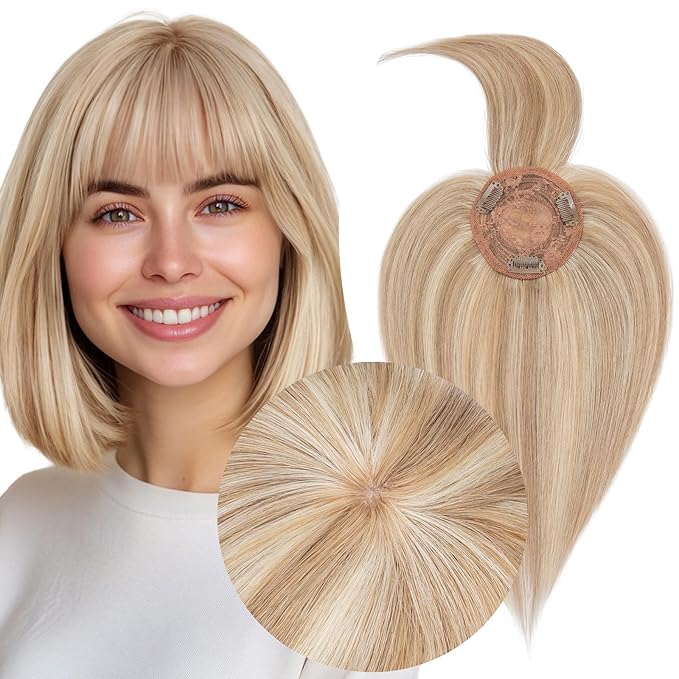 MY-LADY Human Hair Toppers for Women Real Human Hair with Bangs Thin 8.5 * 8.5CM Mono Base Clip in Remy Hairpieces Light Weight 12 Inch Golden Brown Mixed Bleach Blonde