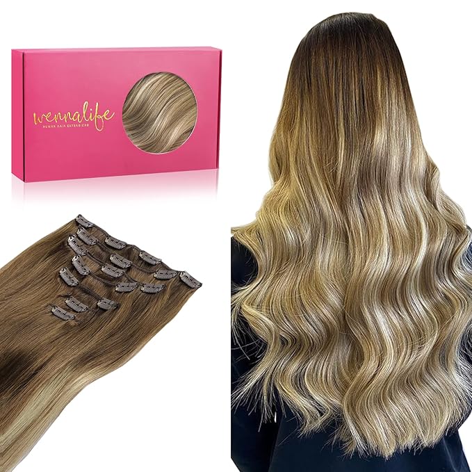WENNALIFE Clip in Hair Extensions Real Human Hair, 22 Inch 120g 7pcs Ombre Walnut Brown to Ash Brown and Bleach Blonde Clip in Human Hair Remy Clip in Hair Extensions Real Human Hair Double Weft
