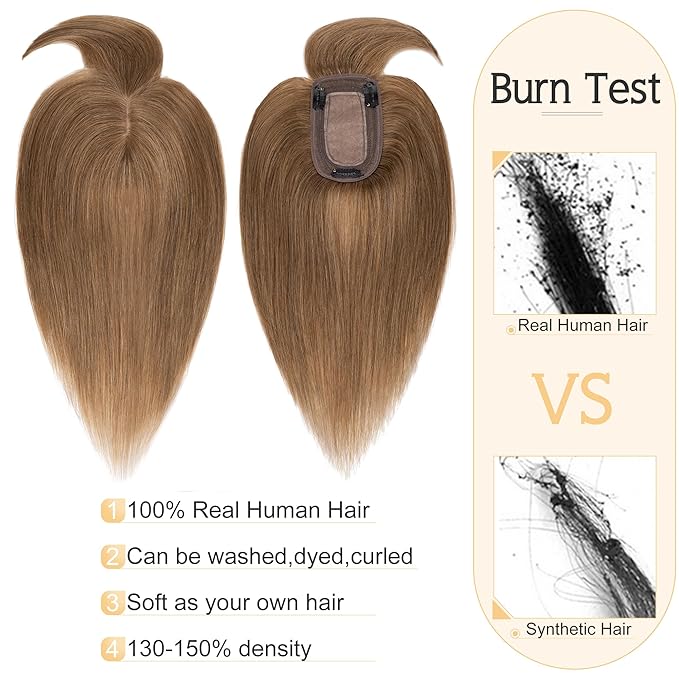 SEGO Hair Toppers for Women Real Human Hair With Bangs, 7 * 13CM Silk Base 100% Remy Human Hair Clip in Top Wiglet Hairpieces Add Volume -12 Inch Light Brown