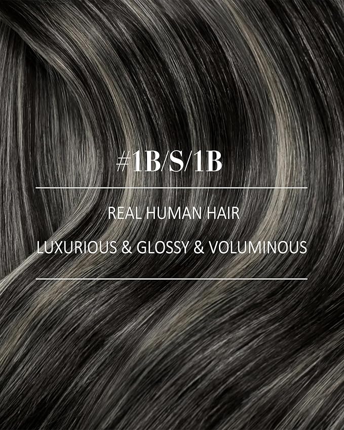 YoungSee Clip in Human Hair Extensions Natural Black Mix Grey Balayage Clip on Hair Extensions for Women Black Ombre Hair Extension Clip ins Silky Straight Hair 20inch 120g