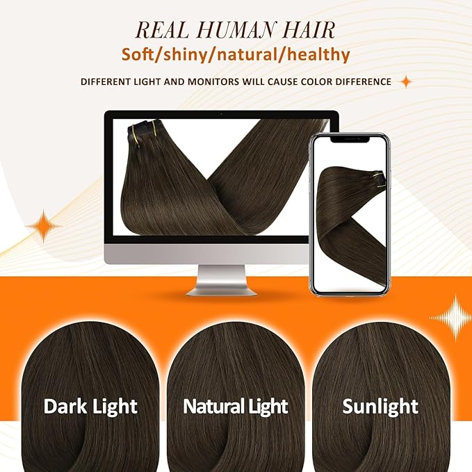 Full Shine Seamless Hair Extensions Clip ins Brown 22 Inch Clip in Hair Extension Real Human Hair Invisible Brunette Hair Extensions for Women 120 G 8 PCS