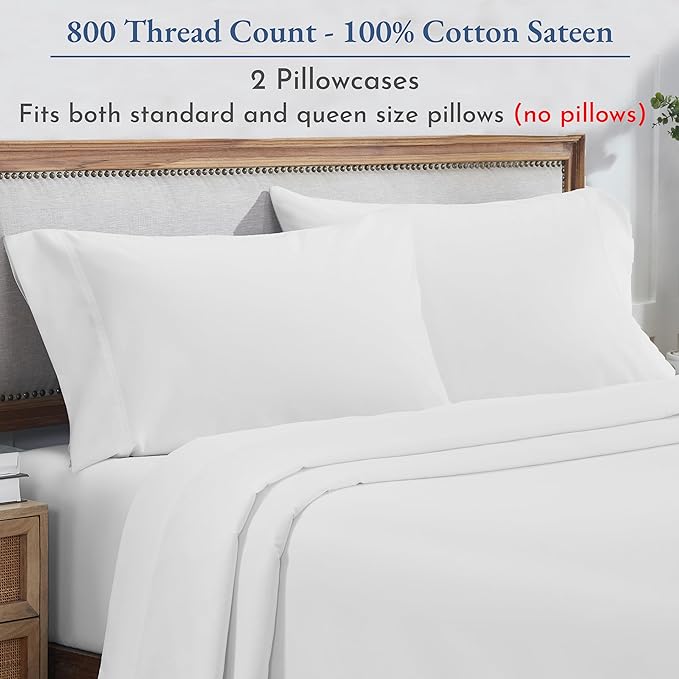 California Design Den Heirloom Soft, Smooth & Thick Certified 800 Thread Count 100% Cotton Sateen, 2 White Standard Pillowcases Fits Standard & Queen Size Pillows (Bright White)