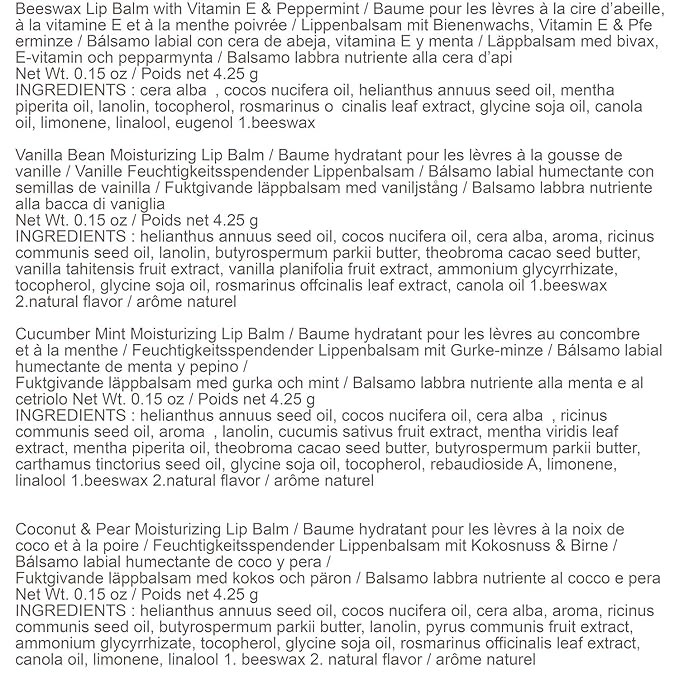 Burt's Bees Holiday Gift, 4 Lip Balms Stocking Stuffer, Assorted Mix Set, Classic Beeswax, Vanilla, Cucumber Mint & Coconut And Pear