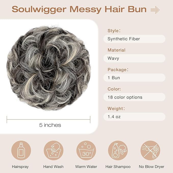 Messy Bun Hair Piece Wavy Curly Scrunchies Fluffy Donut Thick Updo Elegant Chignon Hairpieces for Women Girls, Dark Brown Mix Bleach Blonde 1.4oz