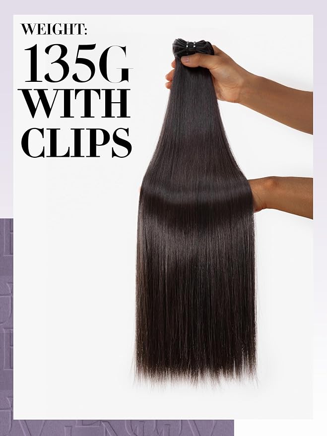LUVME Seamless Clip in Hair Extensions, 22 Inch 135g 7pcs Natural Black Hair Extensions Clip in Human Hair Invisible PU Skin Weft Natural Remy Human Hair