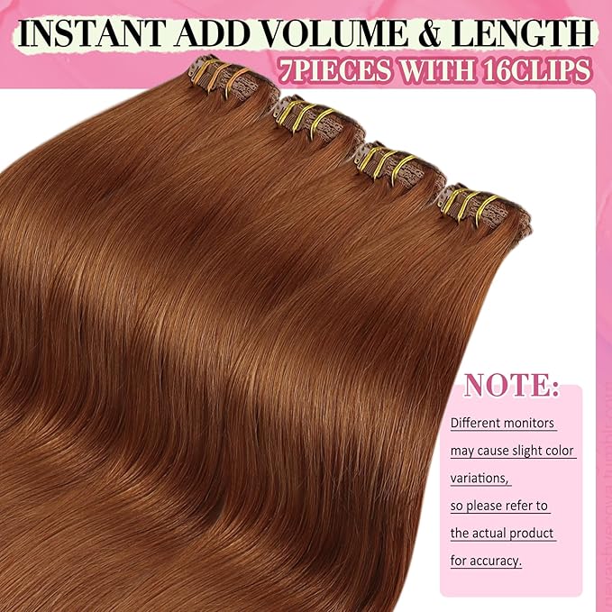 YoungSee Clip in Human Hair Extensions Copper Clip ins Hair Extensions Human Hair Light Copper Clip in Hair Extension Real Human Hair Ease of Use 16Inch 120g 7pcs